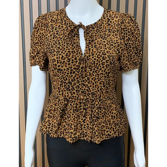 J.Crew Tops - J.Crew Leopard Print Peplum Top Short Puff Sleeve Keyhole Tie Blouse Size 6